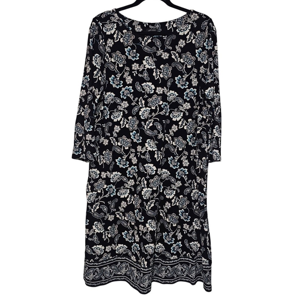 J. Jill Wearever Large Black Floral Paisley Midi Dress 3/4 Sleeve Travel Casual